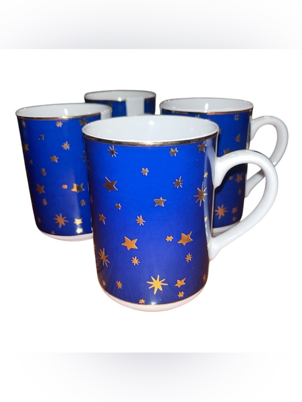 Sakura VTG Galaxy Blue Set of 4 Fine Porcelain Mugs With 14K Gold Stars & Trim